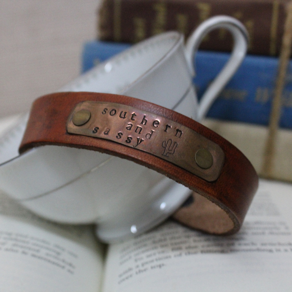 Handmade Leather and Copper Stamped Cuff Southern